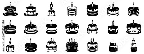 Collection of vector birthday cake icons with lit candles in a minimalist black and white style.