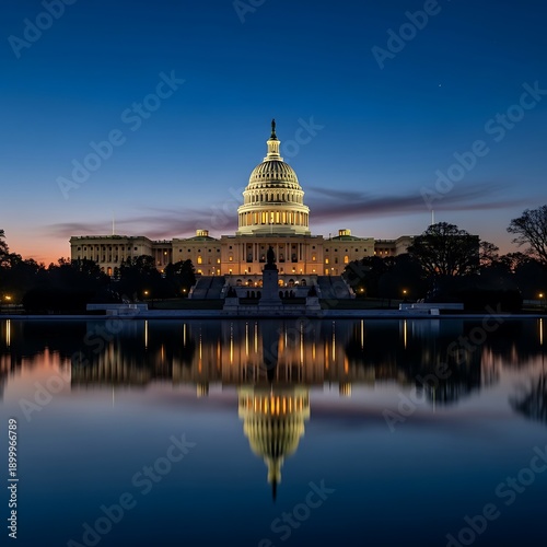 The Grand United States Capitol Bathed in the Soft Hues of Evening, its Iconic Architecture Gracefully Reflected in Still Waters, Symbolizing National Heritage