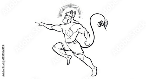 Wallpaper Mural Dynamic Hanuman line art with Om symbol, Hindu deity illustration Torontodigital.ca