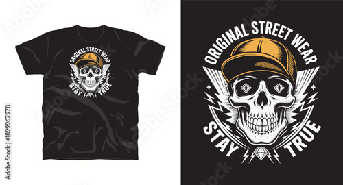 Original streetwear t-shirt design featuring skull in baseball cap with stay true slogan