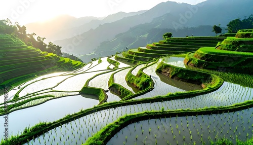 Green agricultural terraces panorama high resolution photo