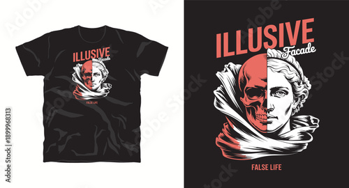 Vintage style graphic with half skull and classical greek sculpture for apparel t-shirt design 