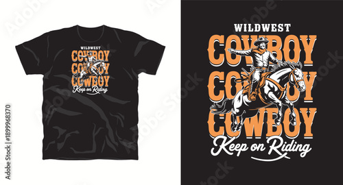 Western wild west cowboy riding horse illustration for t-shirt graphics
