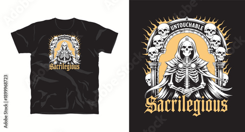 Untouchable sacrilegious skeleton in a cloak with skulls and pillars on t-shirt design