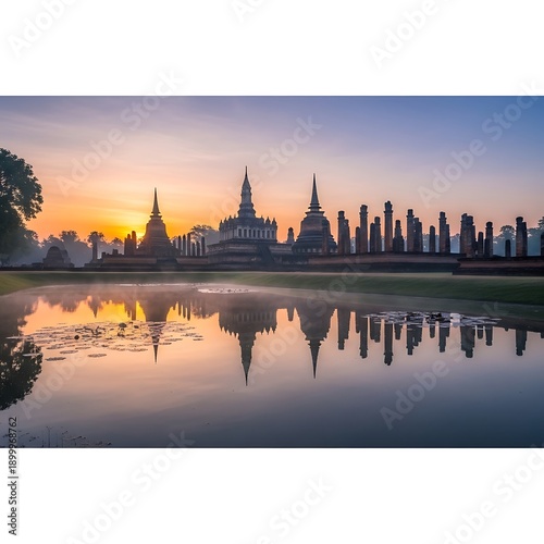 Majestic ancient Thai heritage site at dawn, with stunning stupas and pagodas reflected in a tranquil lake, a timeless symbol of cultural grandeur and spiritual serenity