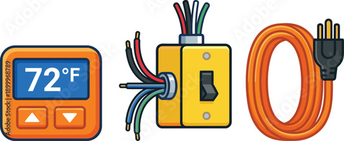 Orange thermostat temperature display with buttons and electrical switch with wires and orange extension cord