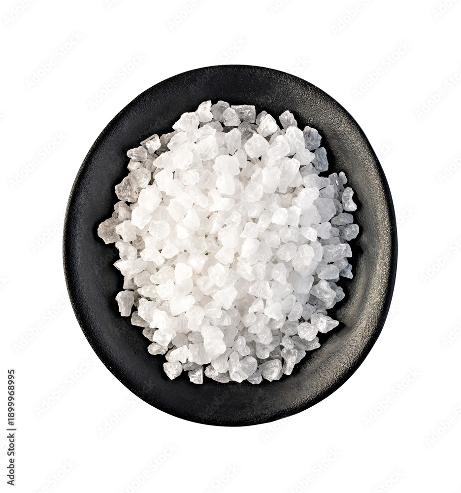 Naklejka premium Sea salt crystals in black bowl with transparent background