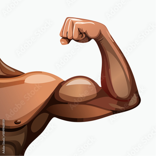 Close up of a toned muscular arm flexing with a prominent bicep and triceps on a clean white background showcasing strength and fitness with warm skin tones and subtle shading highlighting muscle