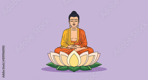 Buddha meditating on a lotus flower symbolizing peace and enlightenment.