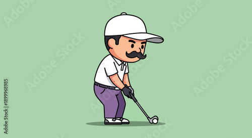 Cartoon Golfer with Moustache Ready to Tee Off Illustration.