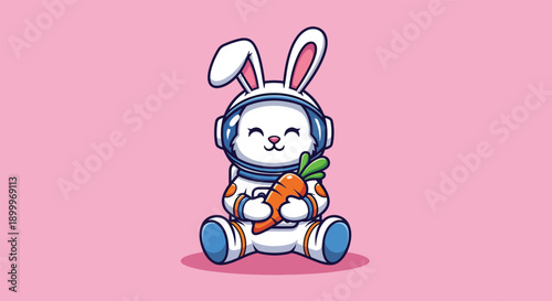 Cute Astronaut Bunny Holding Carrot Cartoon.