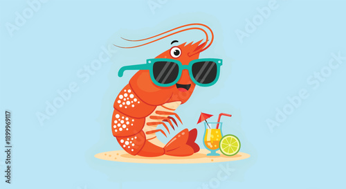 Cool Shrimp Enjoying a Tropical Drink on a Light Blue Background.