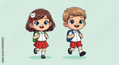 Cute cartoon boy and girl students walking to school with backpacks.