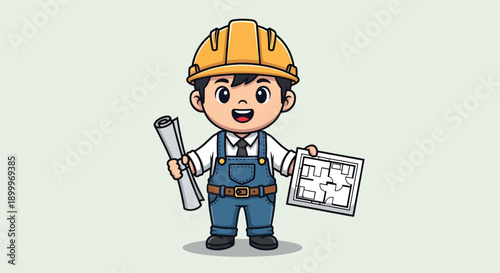 Cute Cartoon Engineer Holding Blueprints and Plans.