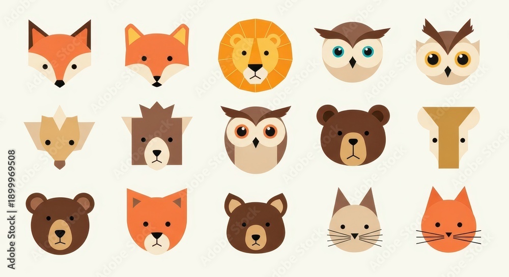 Fototapeta premium Assortment of stylized wild and domestic mammal and bird faces displayed in a grid arrangement