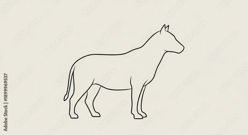 Fototapeta premium Simple line drawing depicts an equine animal standing in profile view