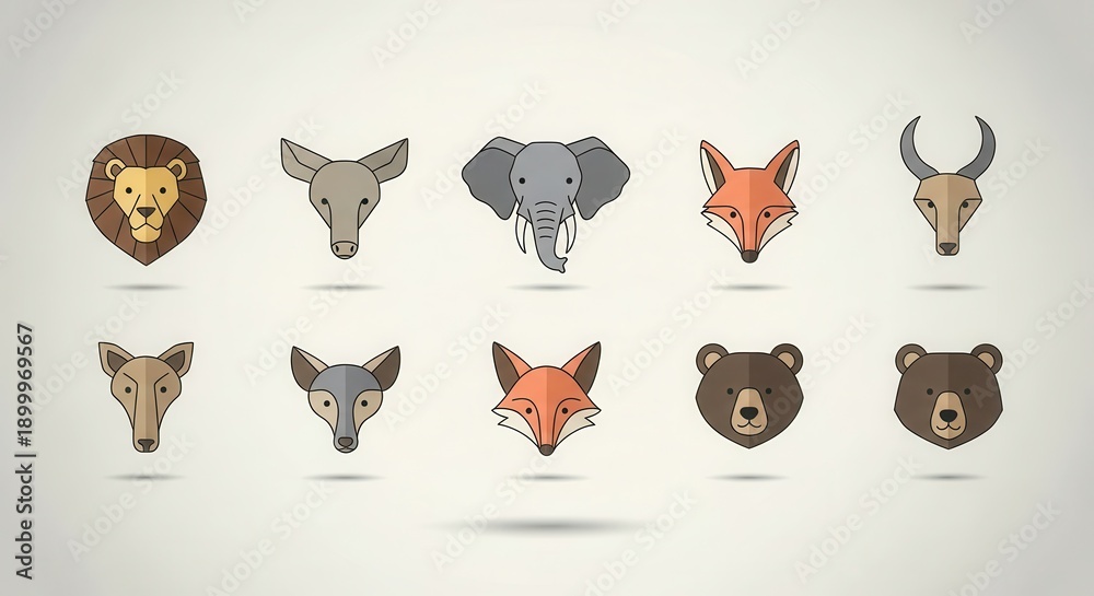 Fototapeta premium Collection of ten stylized heads of wild mammals displayed in two horizontal rows