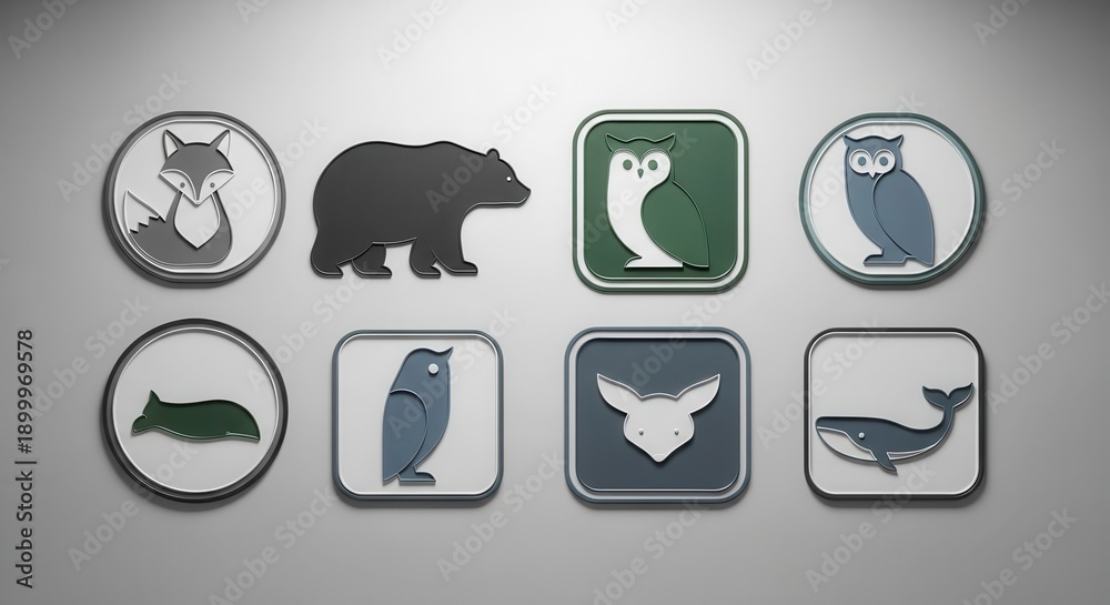 Fototapeta premium Collection of stylized animal icons presented on rounded or square glossy application buttons.