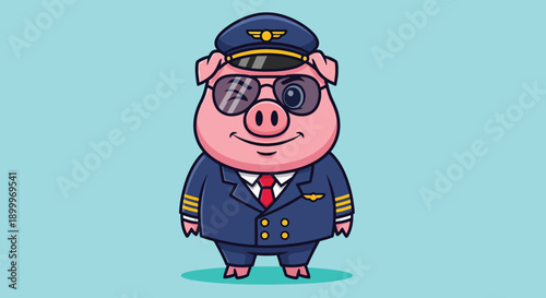 Cute Cartoon Pig Pilot Wearing Aviator Sunglasses and Uniform.