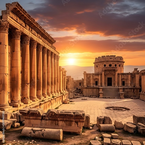An evocative scene of classical architectural ruins at dusk, where massive columns and weathered stone tell tales of an ancient civilization under a vibrant sky