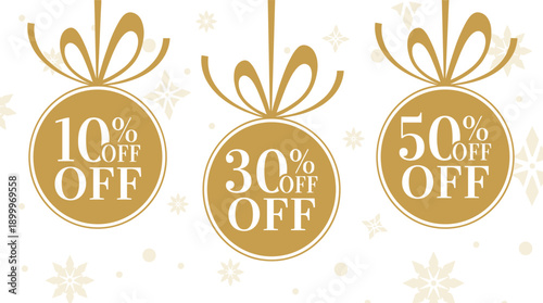 Golden discount tags with ribbons and snowflakes on white background