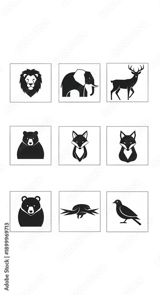 Naklejka premium Collection of nine minimalist black and white graphic icons depicting various wild animals