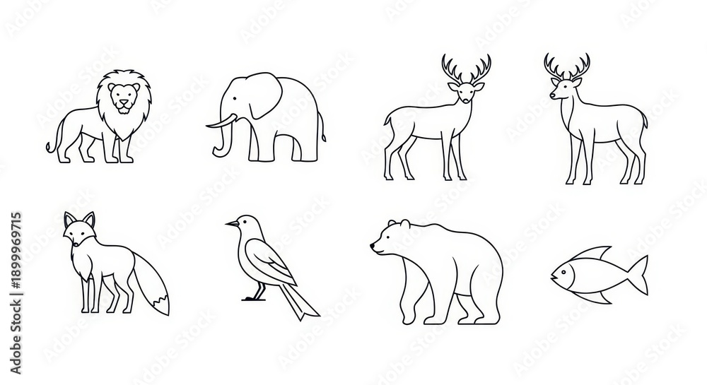 Fototapeta premium Collection of simple line art illustrations depicting various wild animals