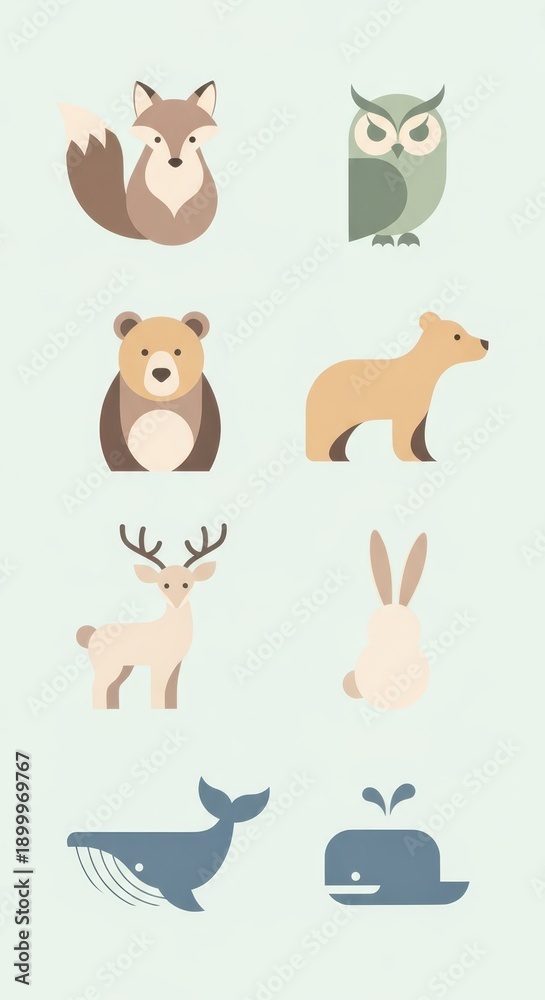 Naklejka premium Collection of stylized woodland and marine animal icons displayed against a light background