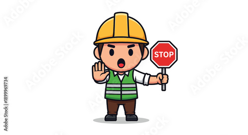 Cute construction worker holding stop sign and gesturing to halt.