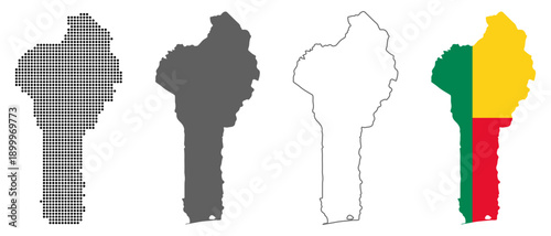 Benin map set with dotted solid outline and flag style vector illustration