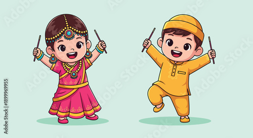 Cute Indian Kids Dancing Garba Dandiya Festival Celebration.