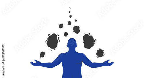 Mental Burden: Abstract blue silhouette attracting floating black stress shapes. Negative energy concept illustration.