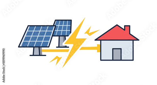 Solar Panels Powering House Icon. Renewable Energy Electricity Flow and Residential Green Power Supply System Illustration.