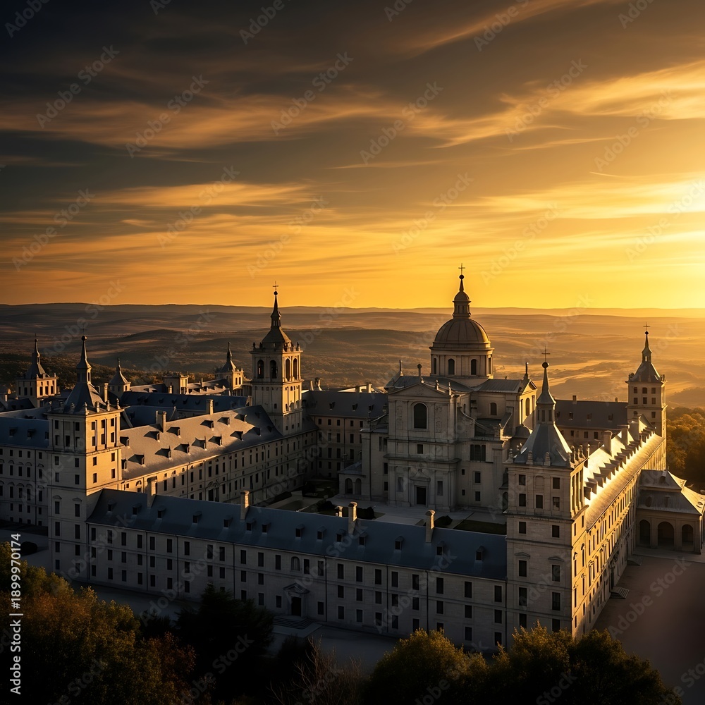 Naklejka premium Majestic historical palace complex bathed in the golden glow of a breathtaking sunset over a vast, serene landscape, showcasing architectural grandeur and timeless beauty
