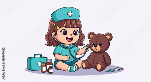 Cute Little Girl Playing Doctor with Teddy Bear.