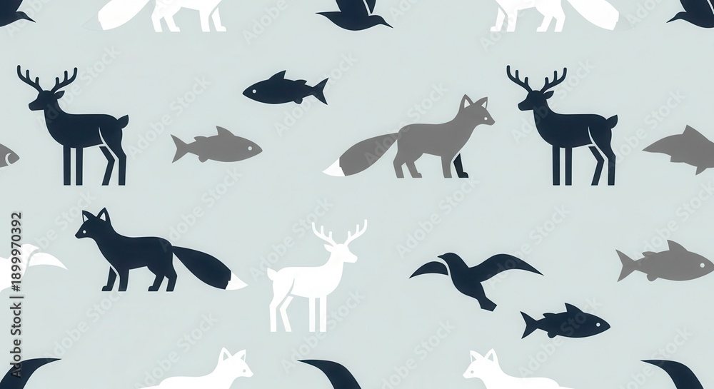 Fototapeta premium Repeating pattern design features stylized silhouettes of woodland creatures and aquatic life on a pale blue background