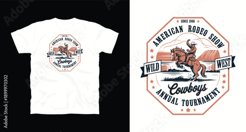 American rodeo show wild cowboys annual tournament vintage emblem graphic t-shirt design 