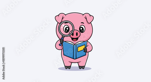 Cute Pig Character Reading Book with Magnifying Glass.