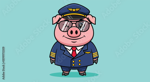 Cute Pig Pilot Cartoon Character Illustration.