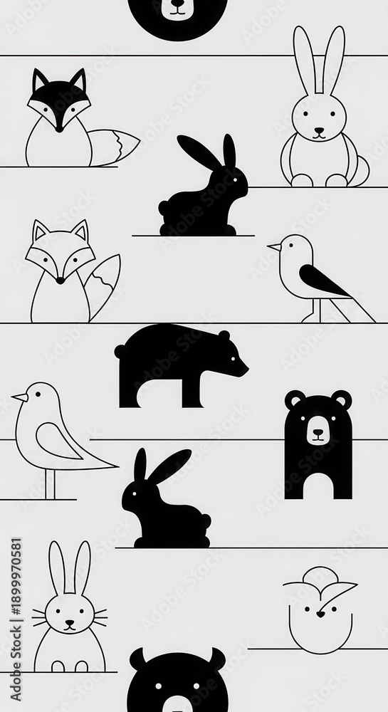 Fototapeta premium Simple black and white graphic illustrations of various forest animals are arranged on horizontal lines