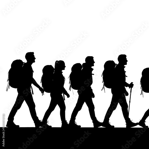 Group of hikers walking together in adventure travel