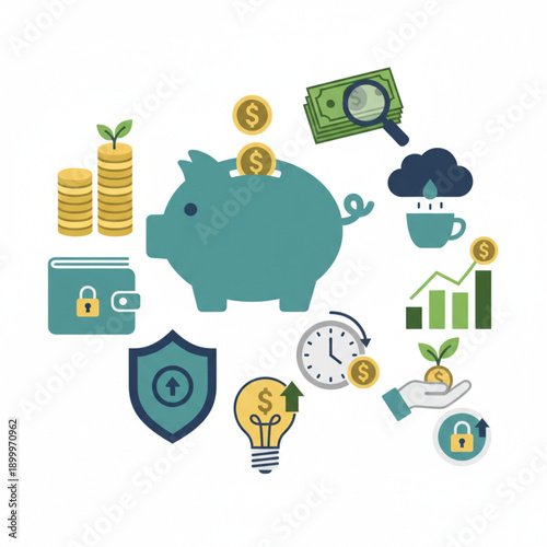 Financial planning and investment strategy icons depicting savings, growth, and security for a prosperous future