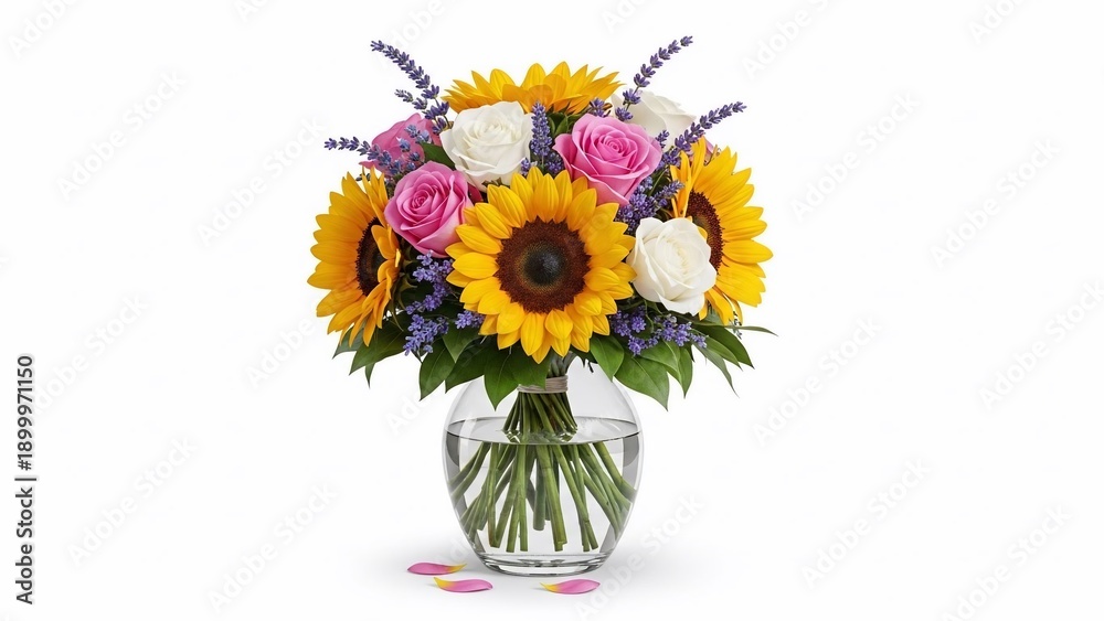 Naklejka premium Vibrant Sunflower Bouquet in Clear Glass Vase.