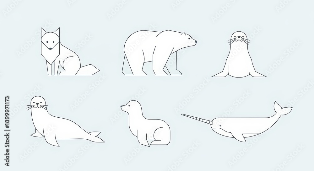 Obraz premium Set of six minimalist line art icons depicting various arctic wildlife animals