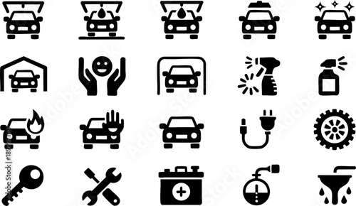 Car Service Black Line Icons Set – Auto Repair Maintenance Vector Collection EPS
