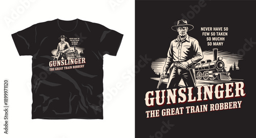 Gunslinger standing by train, great train robbery vector graphic t-shirt design 