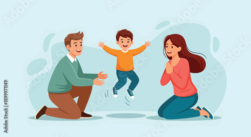 Happy family with child jumping.