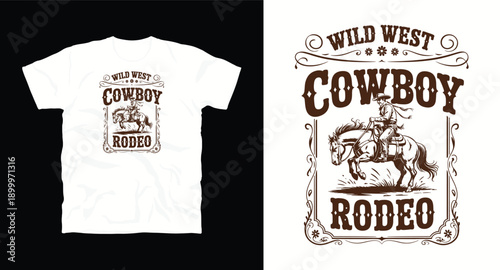 Wild west cowboy rodeo horse jumping vector graphic t-shirt design 