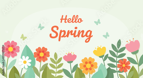 Hello Spring text with colorful flowers and butterflies.