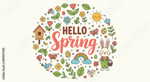 Hello Spring doodle illustration with cute bunny and floral elements.